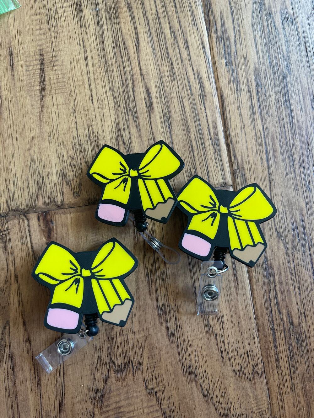 Lot of 3 Teacher Pencil Bow Ribbon Swivel Badge Reels